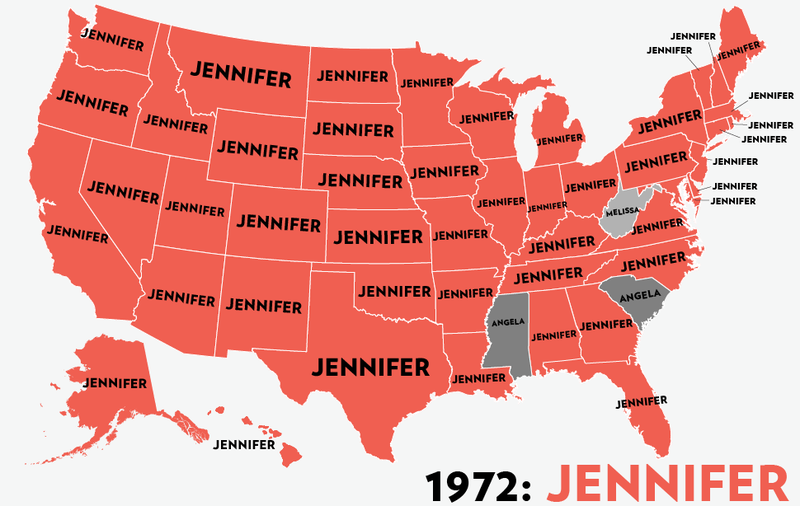 Illustration for article titled Map: Six Decades of the Most Popular Names for Girls, State-by-State